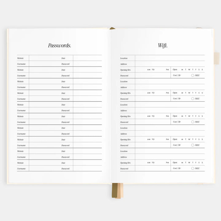 Open notebook displaying password and Wi-Fi settings lists on a white background