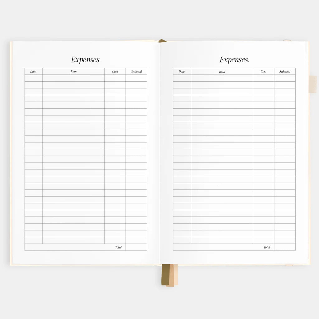 Two expense tracking pages in a notebook on a white background