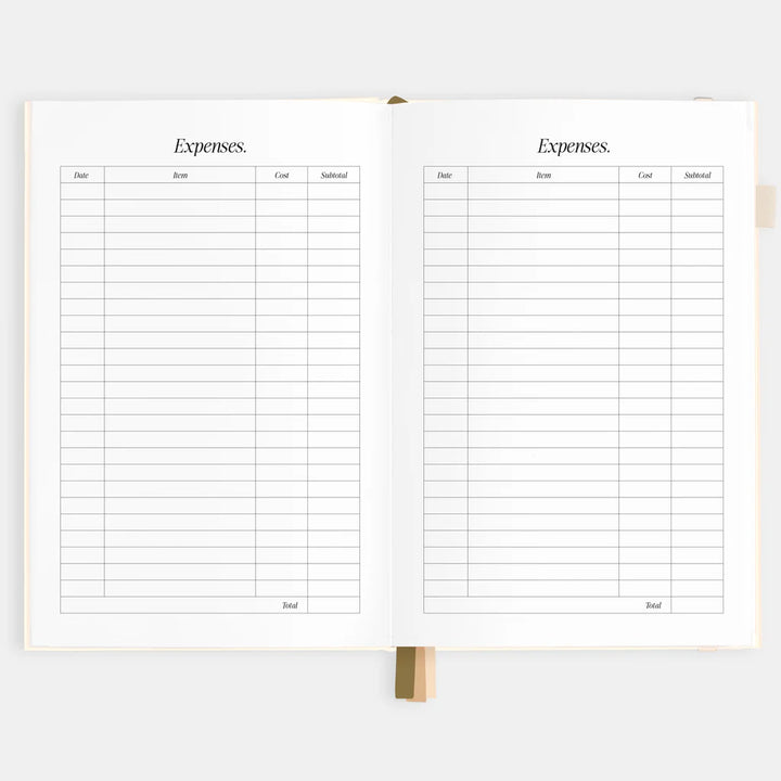Two expense tracking pages in a notebook on a white background