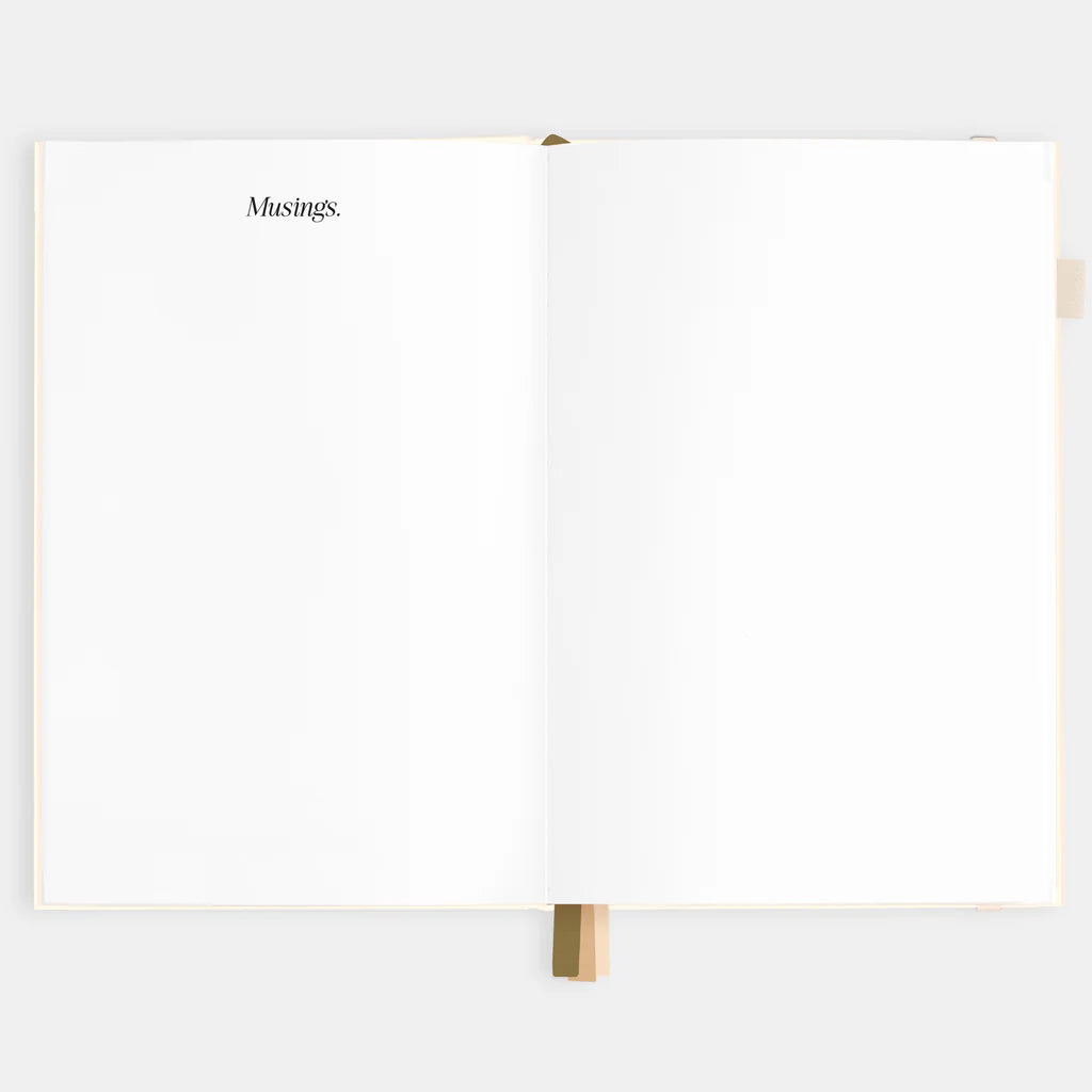 White notebook with 'Musings' on a white background