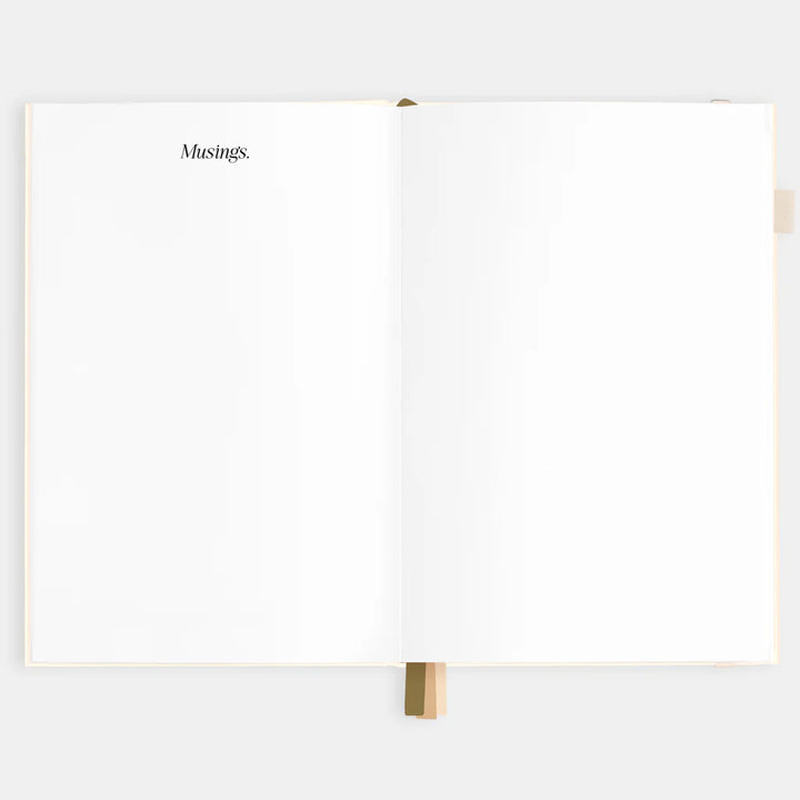 White notebook with 'Musings' on a white background