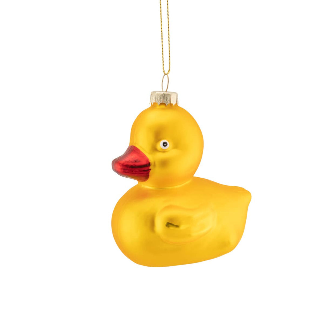 A glossy yellow duck-shaped Christmas ornament with a metallic red beak and a gold hanging string, shown against a plain white background.