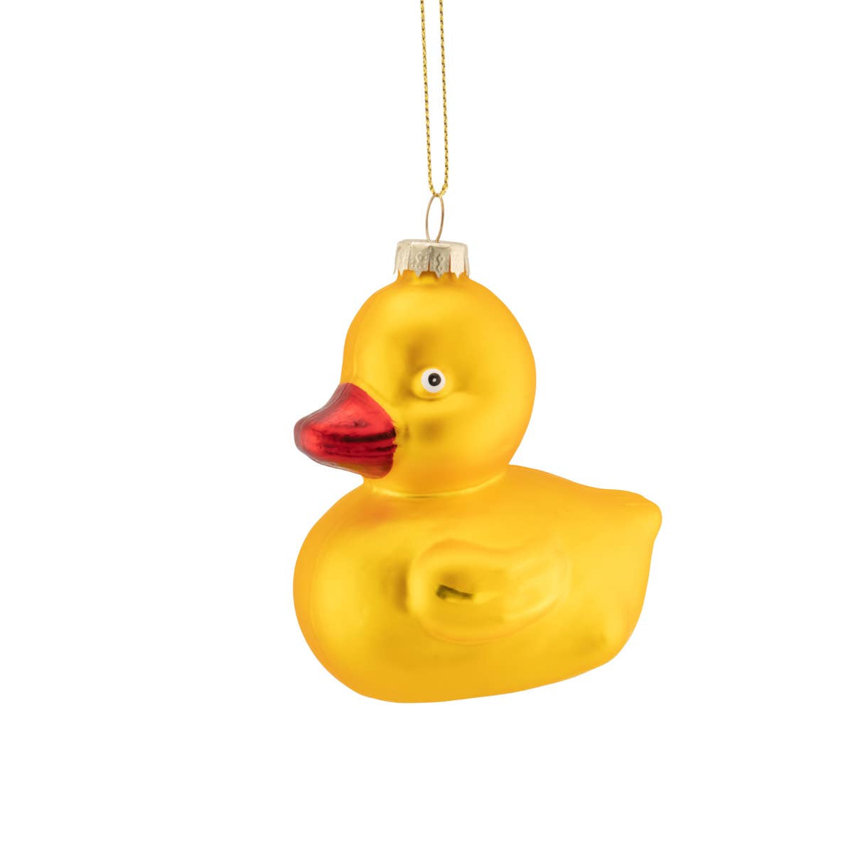 A glossy yellow duck-shaped Christmas ornament with a metallic red beak and a gold hanging string, shown against a plain white background.