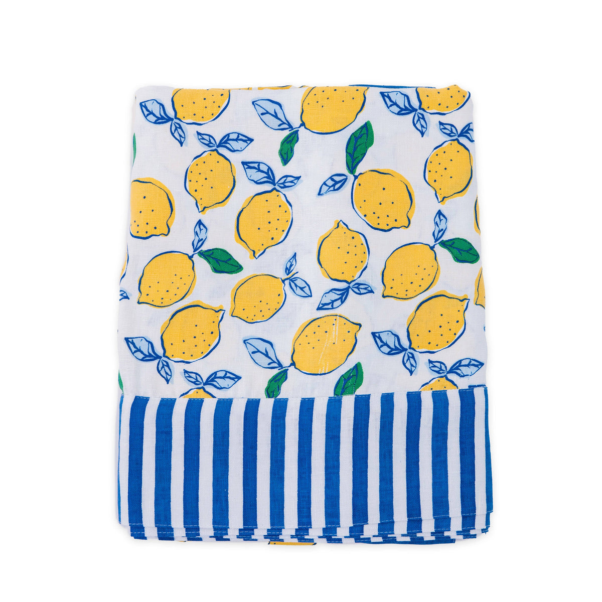 A folded linen tablecloth, featuring a yellow lemon and blue leaf pattern on a white background, finished with a blue and white striped border at the bottom.