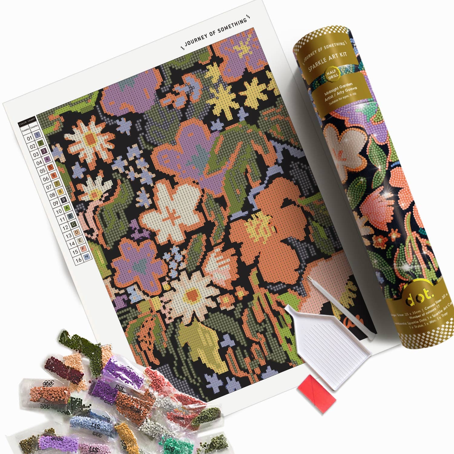Craft kit with floral pattern, gem packets, and a partially completed design on a white background.