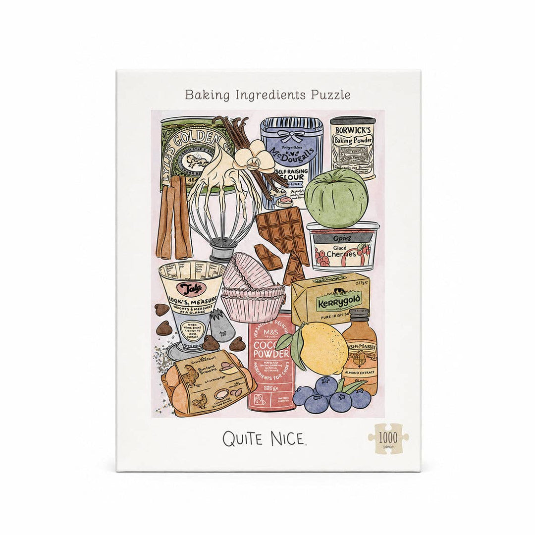 A 1000-piece jigsaw puzzle featuring a vintage-style illustration of various baking ingredients, with the text &