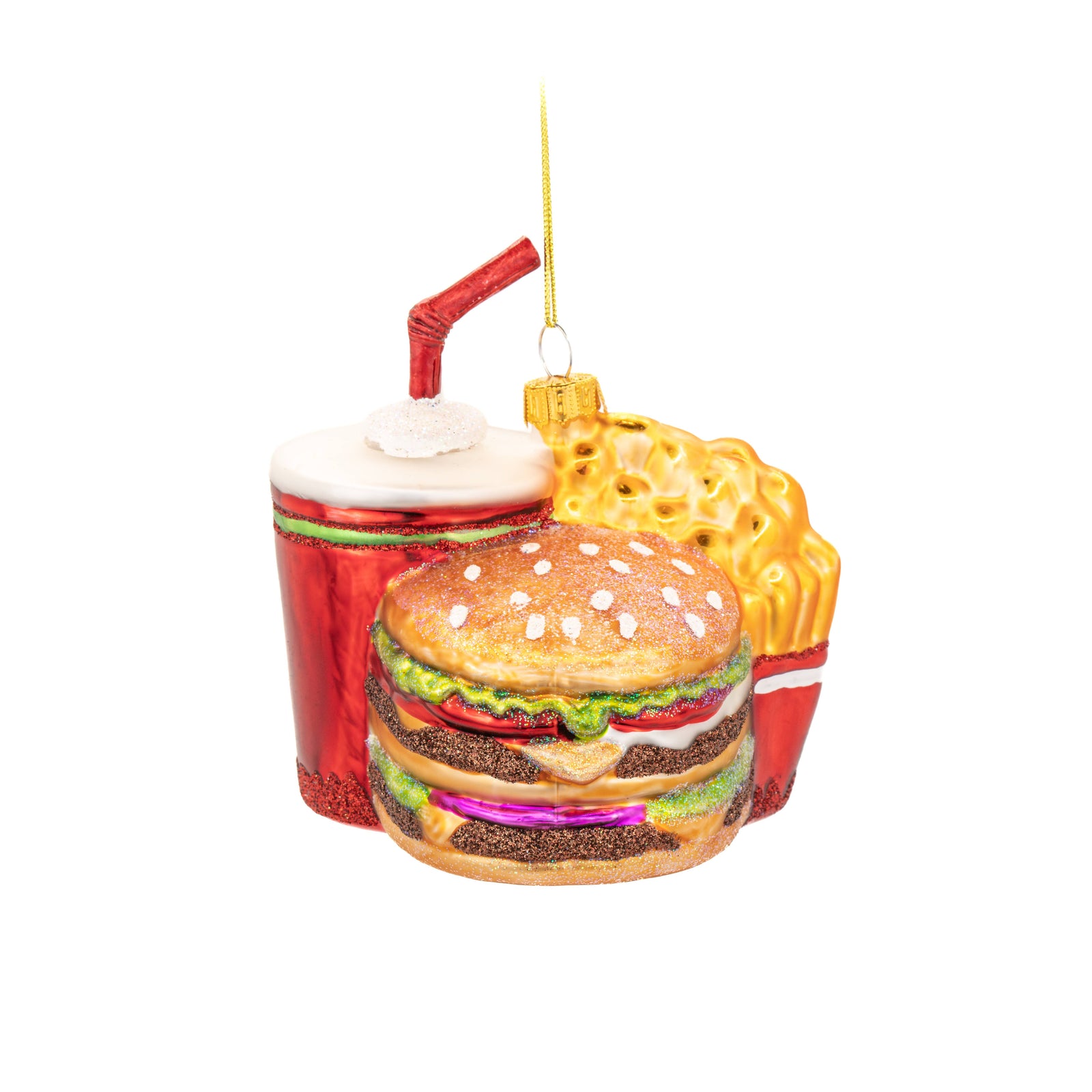 A novelty Christmas ornament shaped like a fast-food meal, featuring a hamburger, red drink with straw, and french fries, shown on a plain white background.