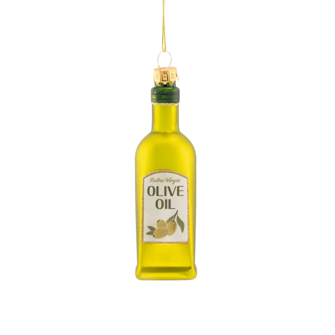 Decorative olive oil bottle ornament on a white background