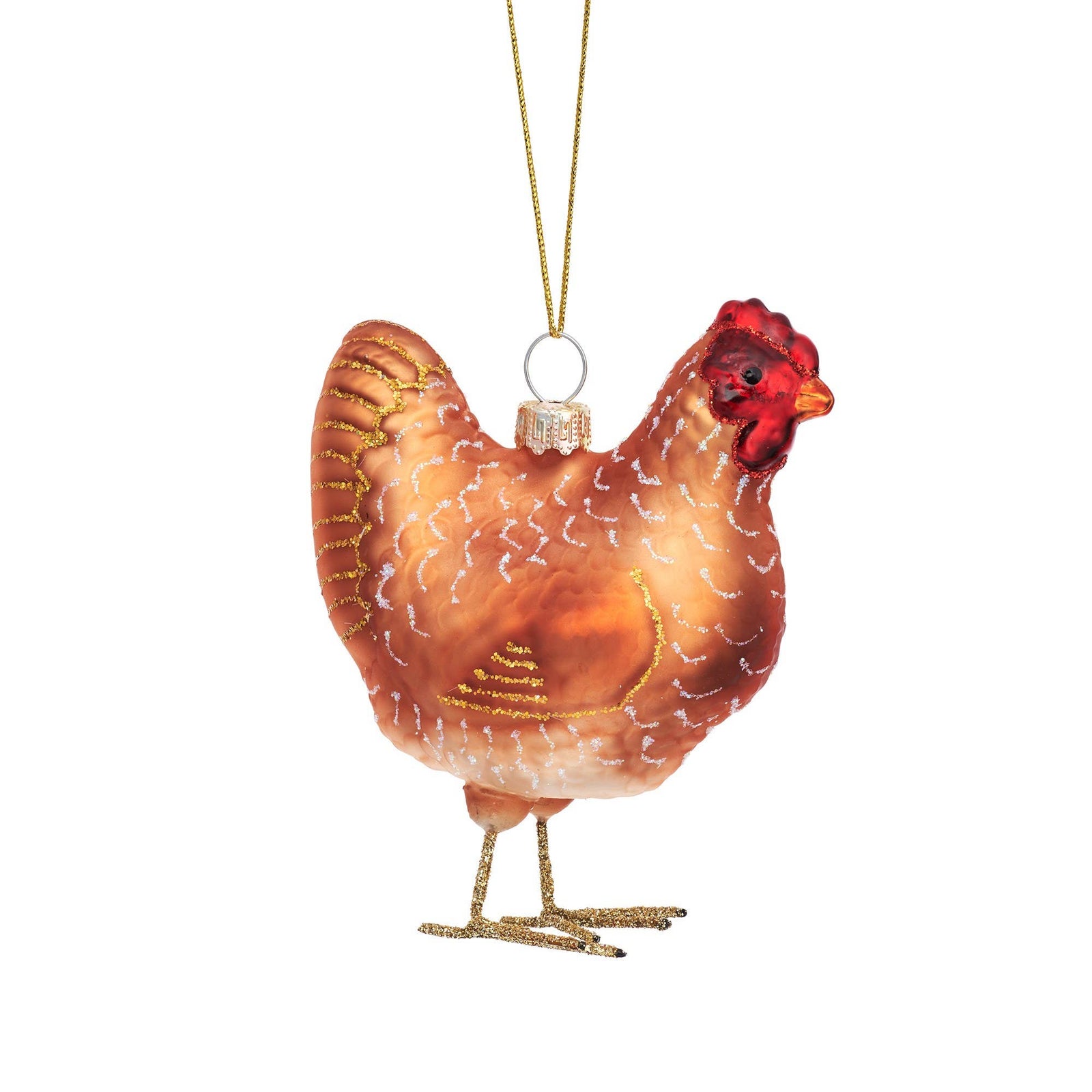 Glass chicken ornament on a white background
