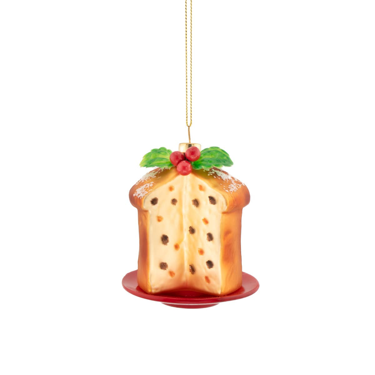 Decorative Christmas ornament shaped like a sliced panettone loaf with berries on a white background