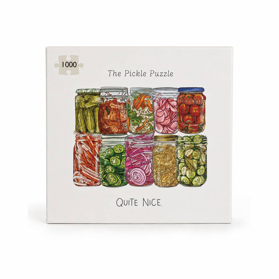 A 1000-piece jigsaw puzzle box titled 'The Pickle Puzzle' by Quite Nice. The front of the box features a colorful illustration of eight glass jars filled with various pickled vegetables, set against a clean white background.