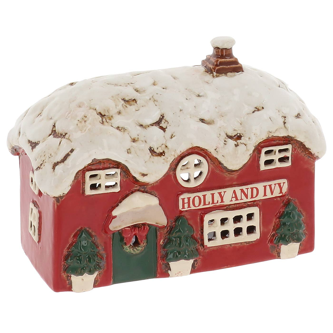 Decorative house-shaped tealight holder with 'Holly and Ivy' text on a white background