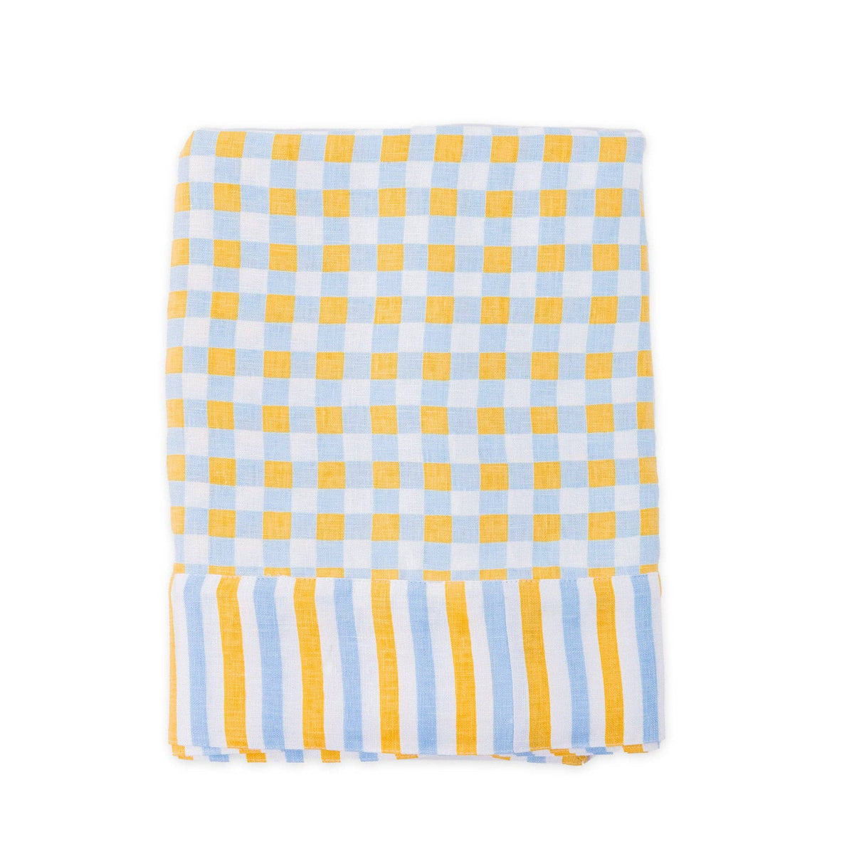 Yellow and chambray blue check patterned linen tablecloth laid flat on a white background