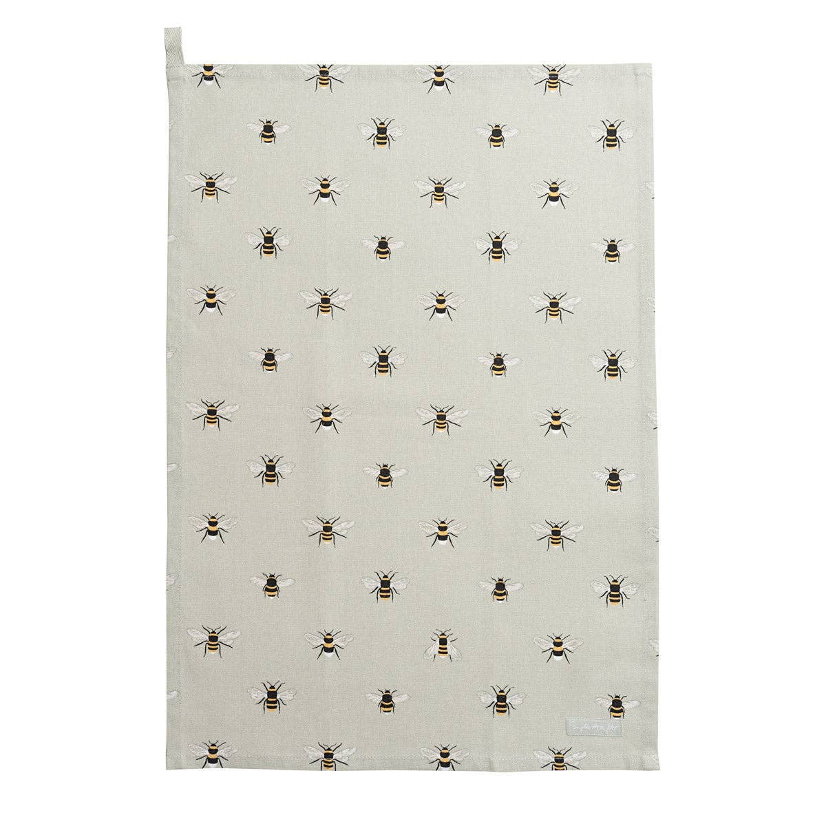 A rectangular kitchen tea towel with a hanging loop at the top left, featuring a repeating pattern of small bumblebees on a light beige background.