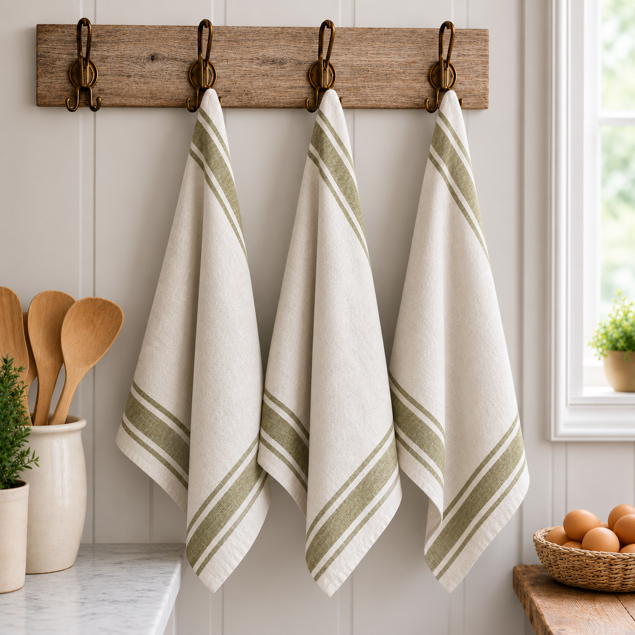 Three cream kitchen towels with sage green stripes hang from a rustic wooden rack with dark metal hooks on a white paneled wall in a bright kitchen setting.