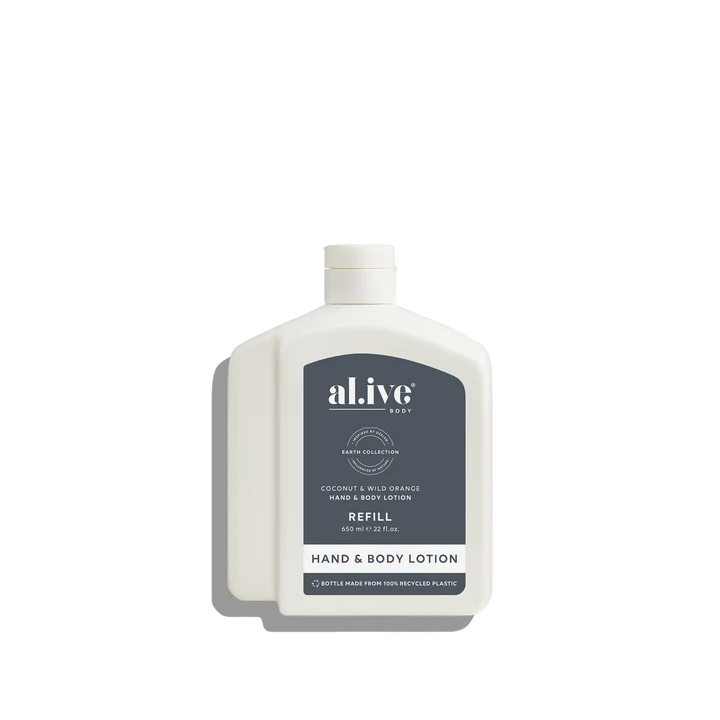 White bottle of al.ive hand and body lotion on a white background