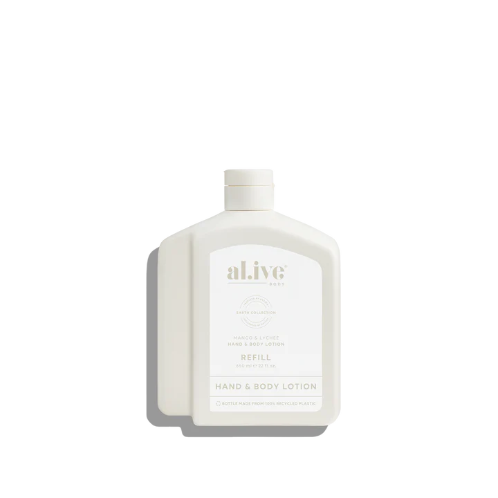 White bottle of al.ive hand and body lotion on a white background