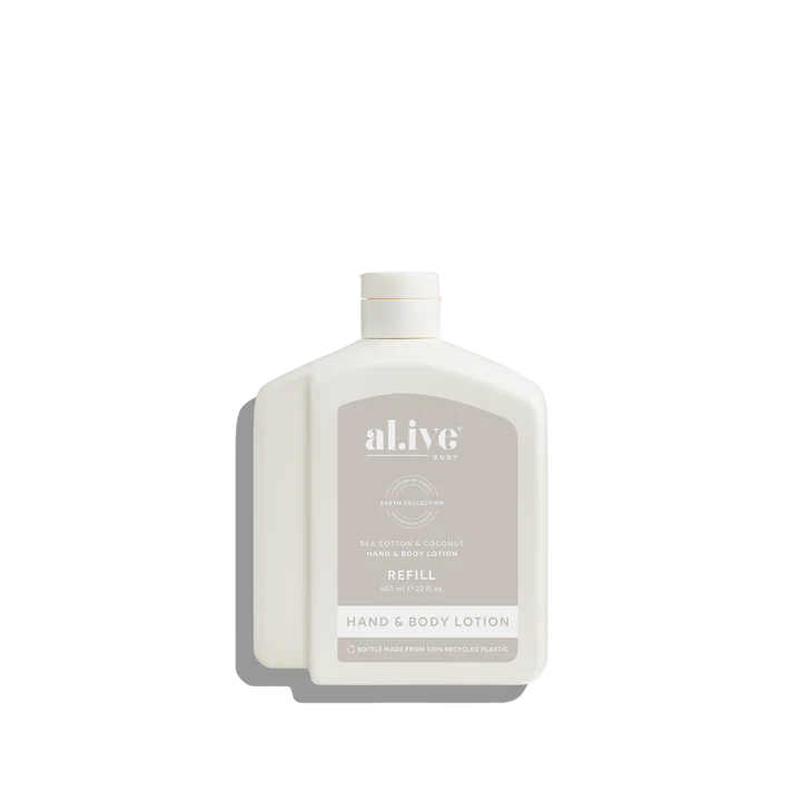 Hand and body lotion refill bottle with 'alive' branding on a white background