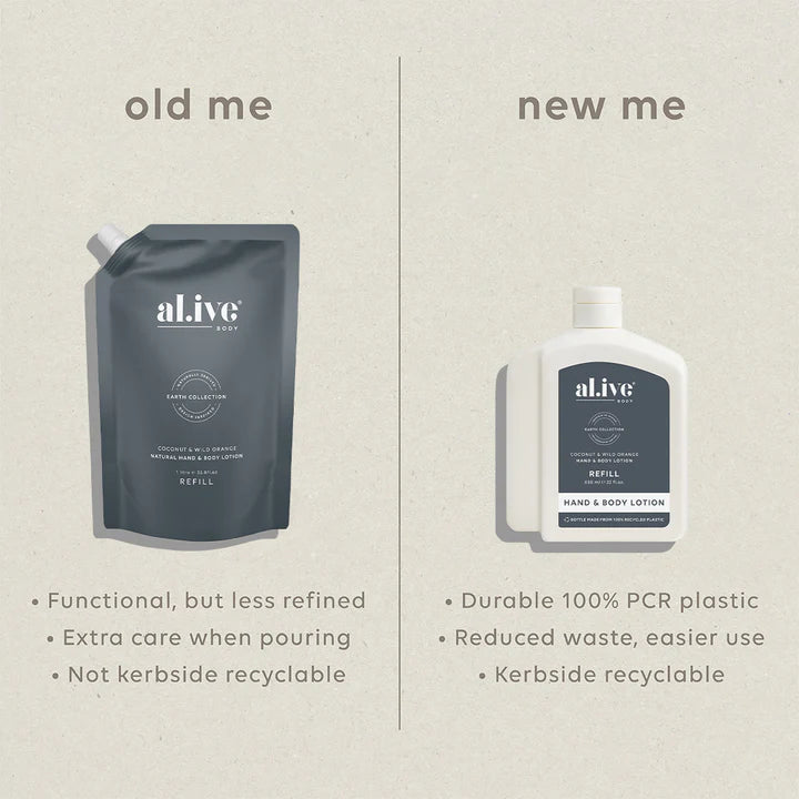 Comparison of 'old me' and 'new me' packaging for an 'alive' product on a beige background.