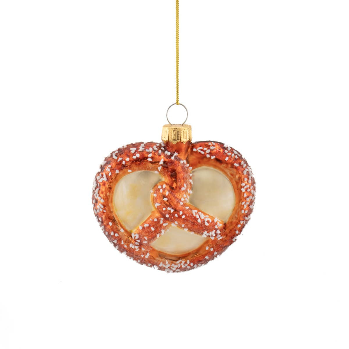 Heart-shaped pretzel ornament with gold hook on a white background
