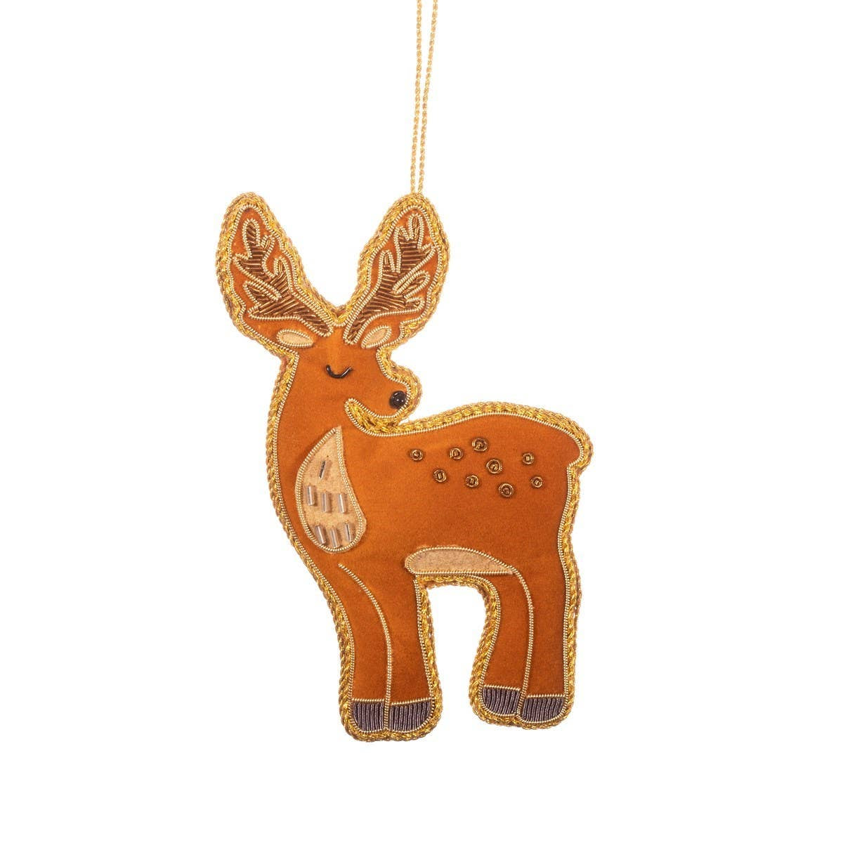 A brown felt Christmas ornament shaped like a deer, featuring gold embroidered details, a gold hanging string, and small metallic studs on a plain white background.