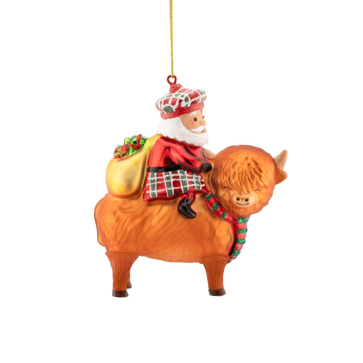 Christmas ornament of Santa Claus riding a Highland cow on a white background