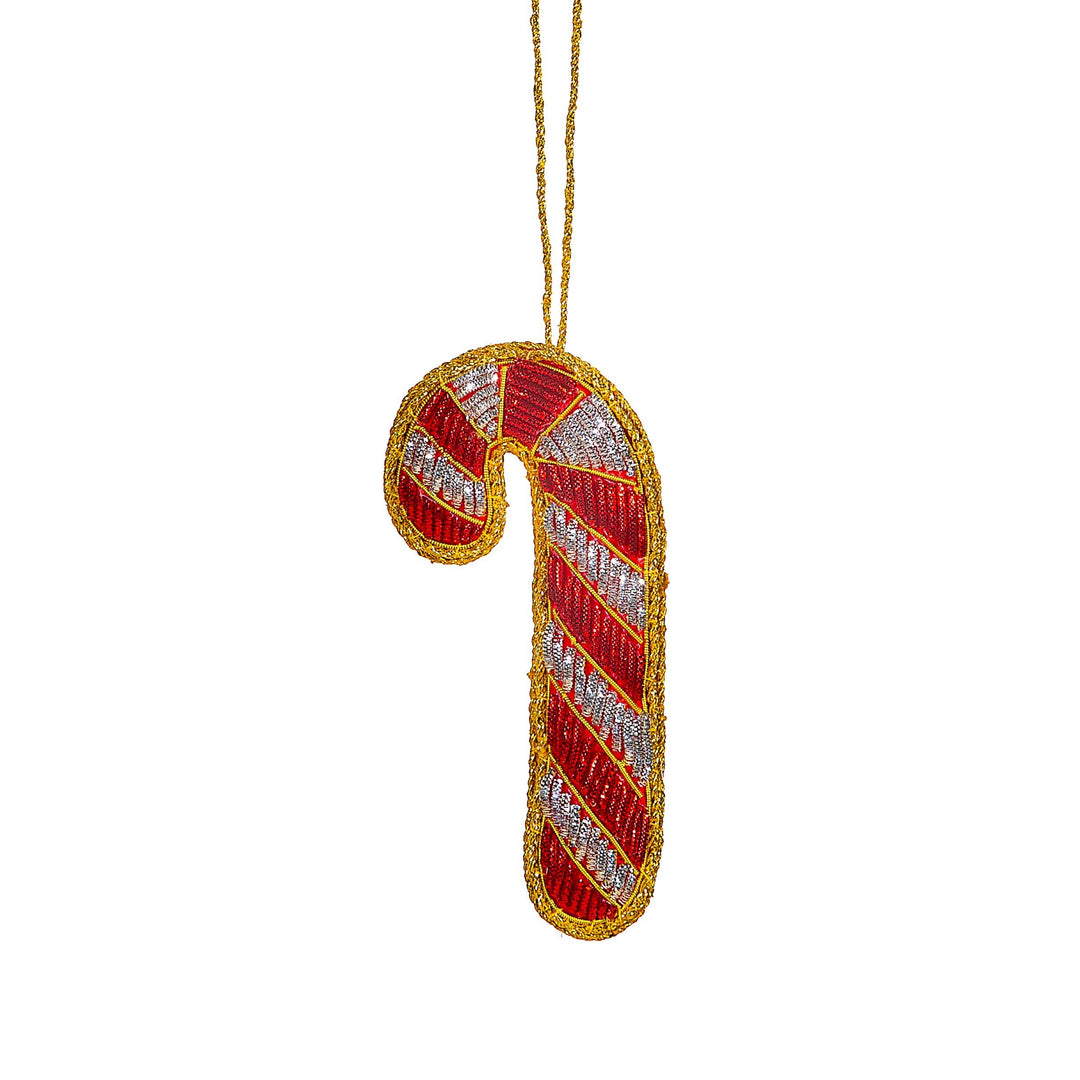 A hanging Christmas ornament shaped like a candy cane, featuring red and white diagonal stripes with a gold beaded border and a gold hanging string, shown against a plain white background.