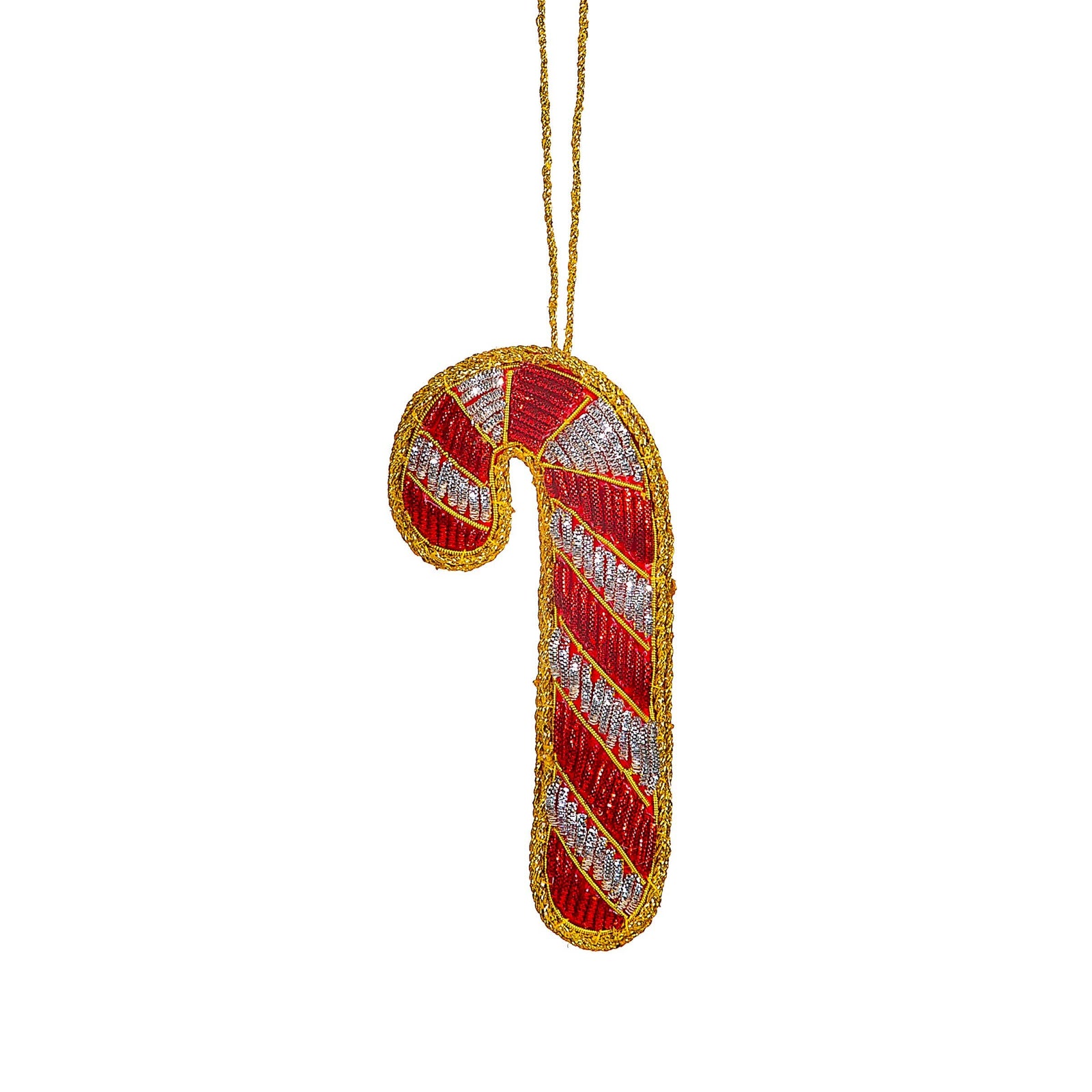 A hanging Christmas ornament shaped like a candy cane, featuring red and white diagonal stripes with a gold beaded border and a gold hanging string, shown against a plain white background.
