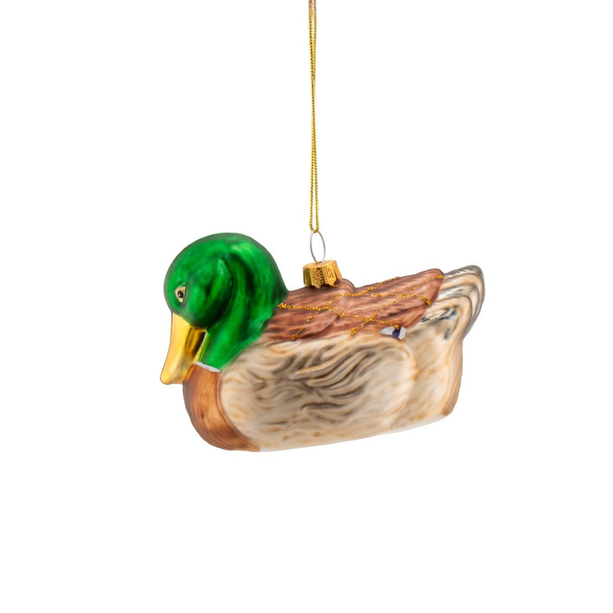 Mallard duck Christmas ornament, hanging on gold thread.