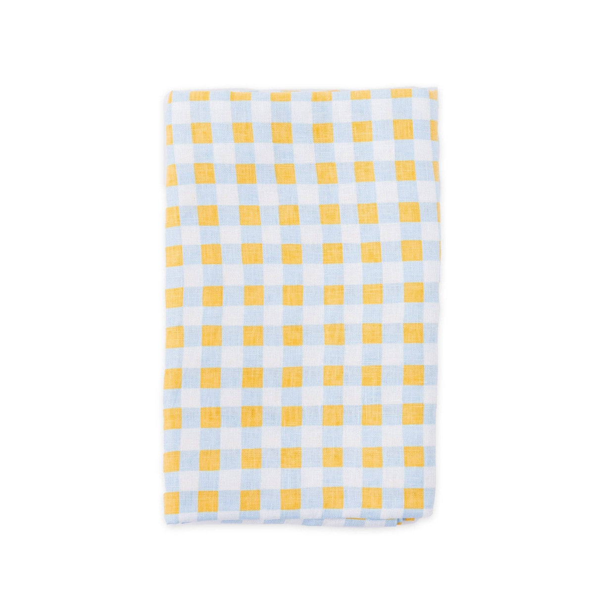 Yellow and blue check linen napkin on a white background