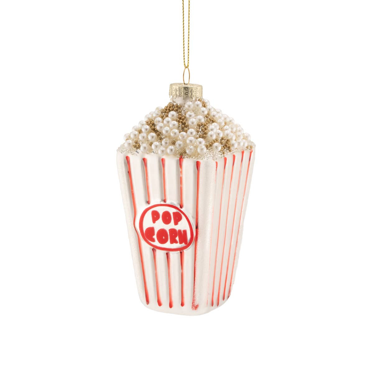 Decorative popcorn container ornament with pearl embellishments on a white background