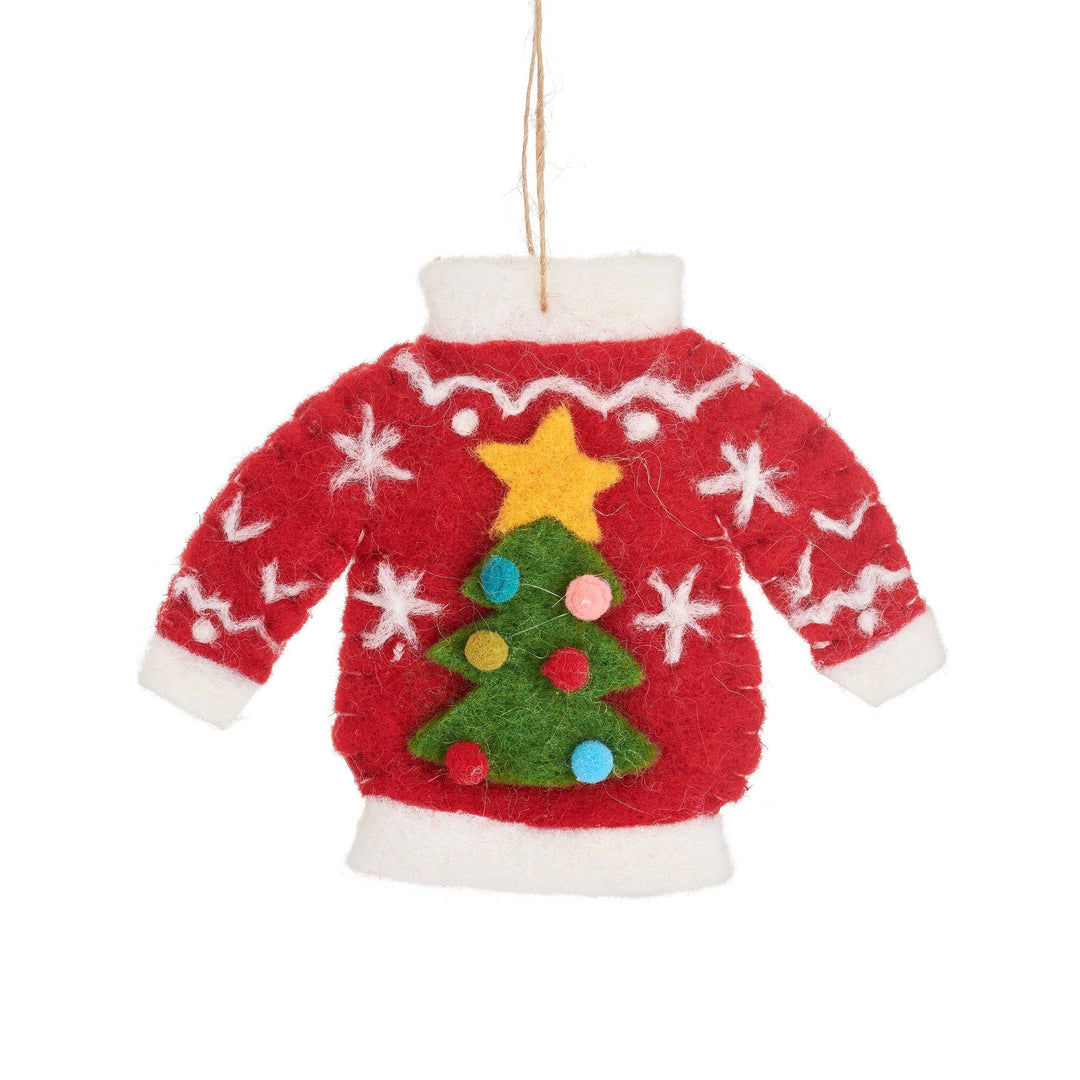 A red felt Christmas sweater ornament with white trim, a green felt Christmas tree, and a yellow felt star on a white background.