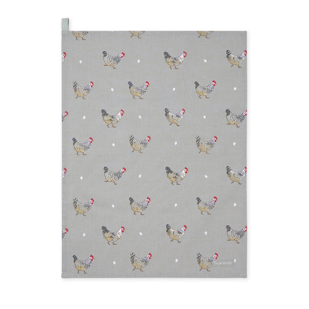 A gray kitchen tea towel featuring a repeating pattern of chickens and small white dots, shown flat against a white background.