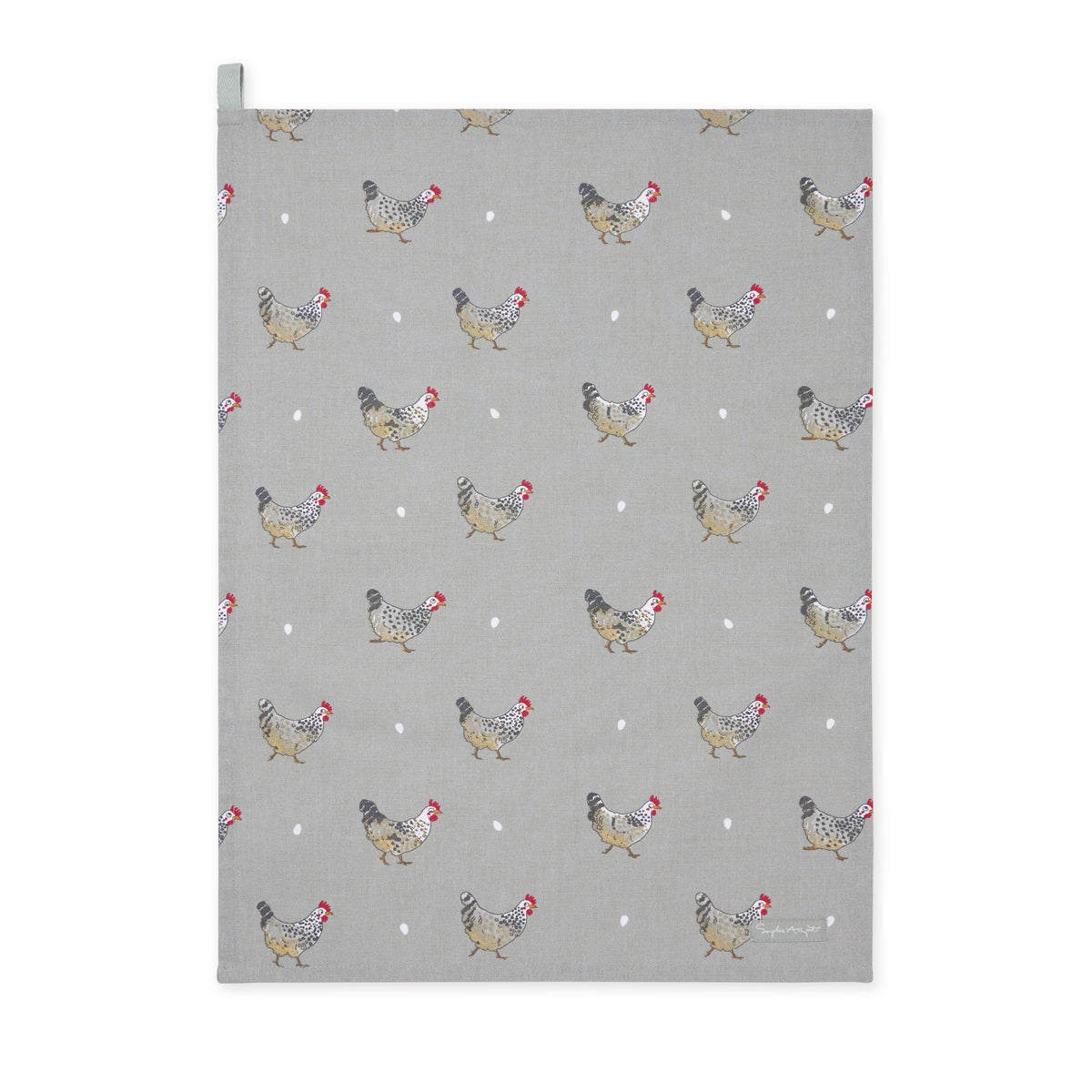 A gray kitchen tea towel featuring a repeating pattern of chickens and small white dots, shown flat against a white background.