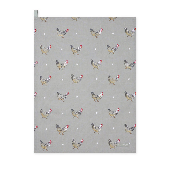A gray kitchen tea towel featuring a repeating pattern of chickens and small white dots, shown flat against a white background.
