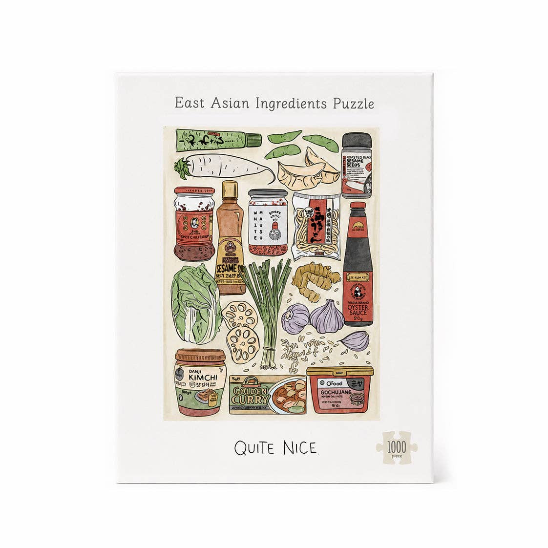 A 1000-piece jigsaw puzzle box featuring an illustration of East Asian ingredients, including soy sauce bottles, garlic, green onions, ginger, and vegetables, with the text 'East Asian Ingredients Puzzle' and 'QUITE NICE.' on a white background.