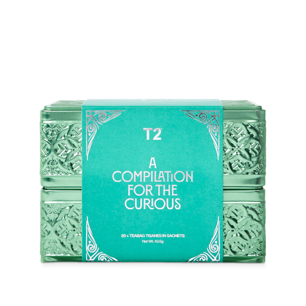 T2 tea packaging with a teal label on a white background