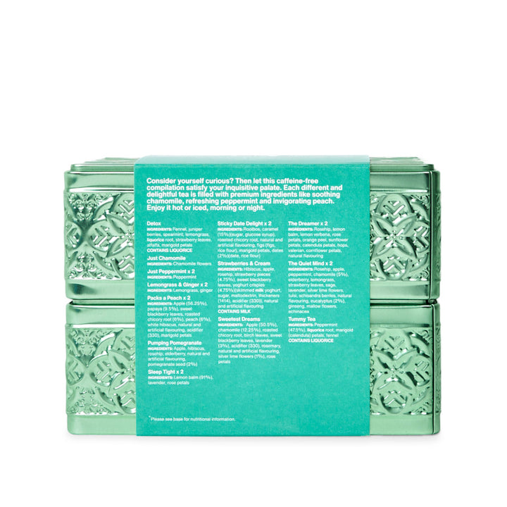 Packaged tea tin with decorative design and text on a white background