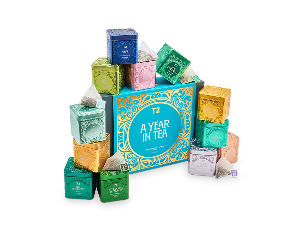 Tea advent calendar with various tea boxes on a white background