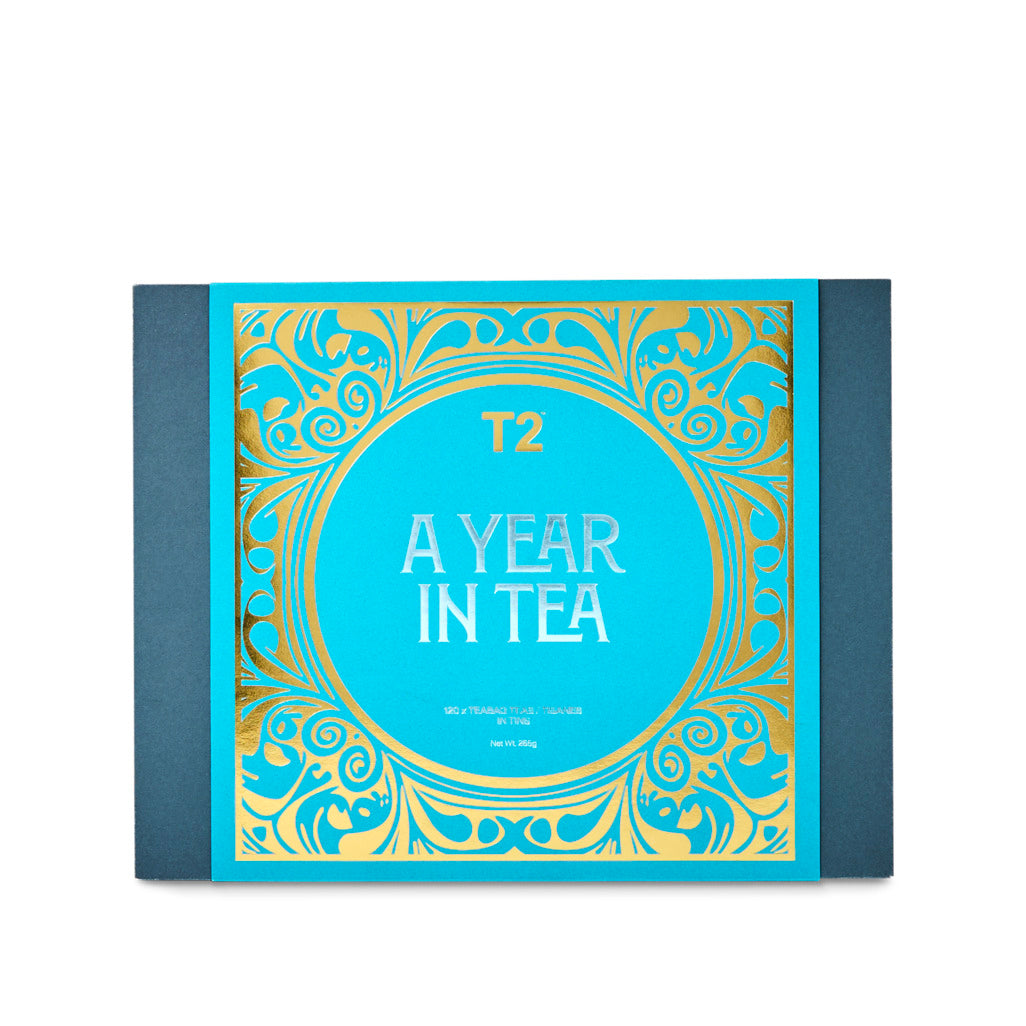 T2 'A Year in Tea' collection packaging with blue and gold design