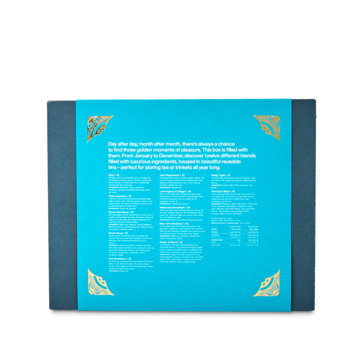 Teal box with gold accents and text on a white background