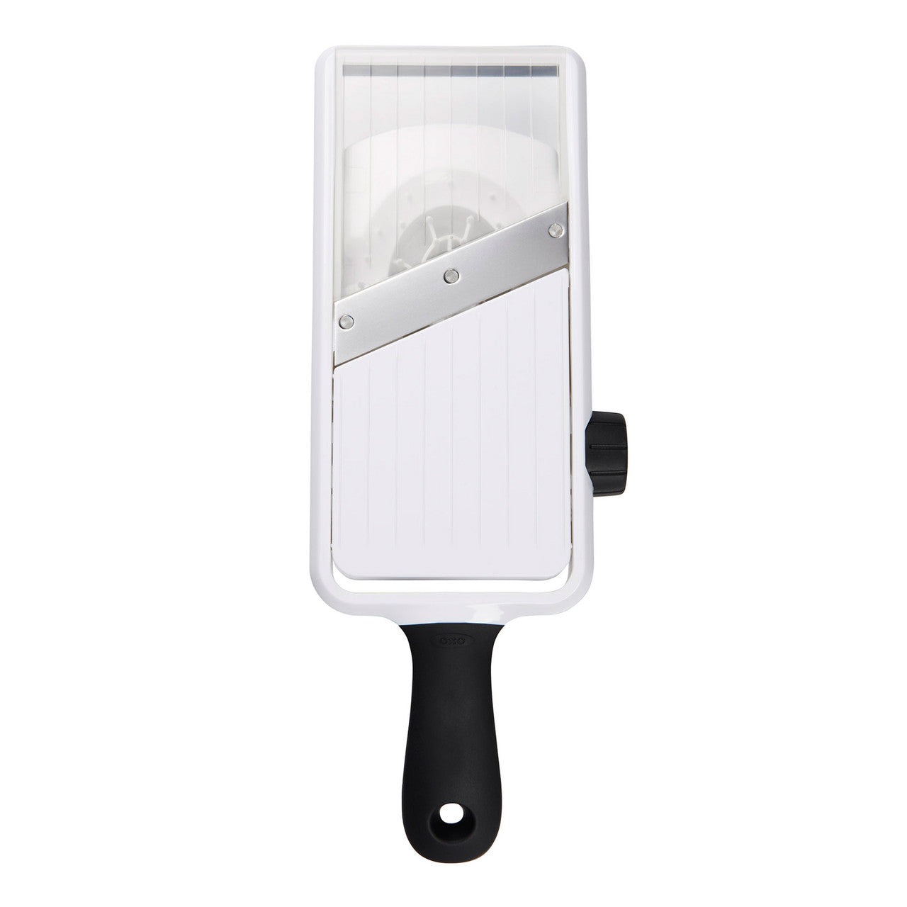 Handheld mandoline slicer with a white body and black handle on a white background