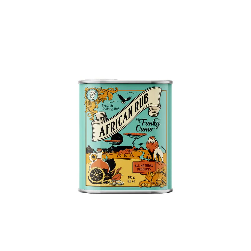Tin of African Rub with colorful label on a white background