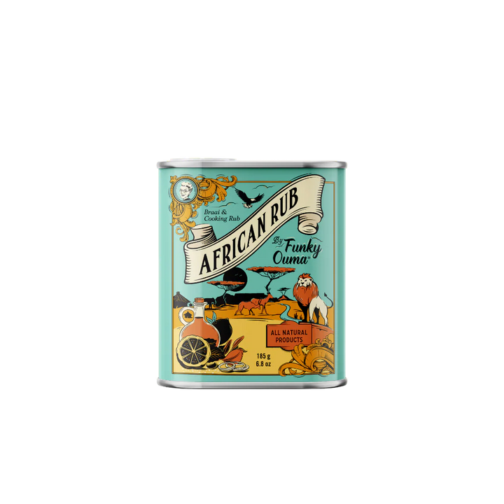 Tin of African Rub with colorful label on a white background