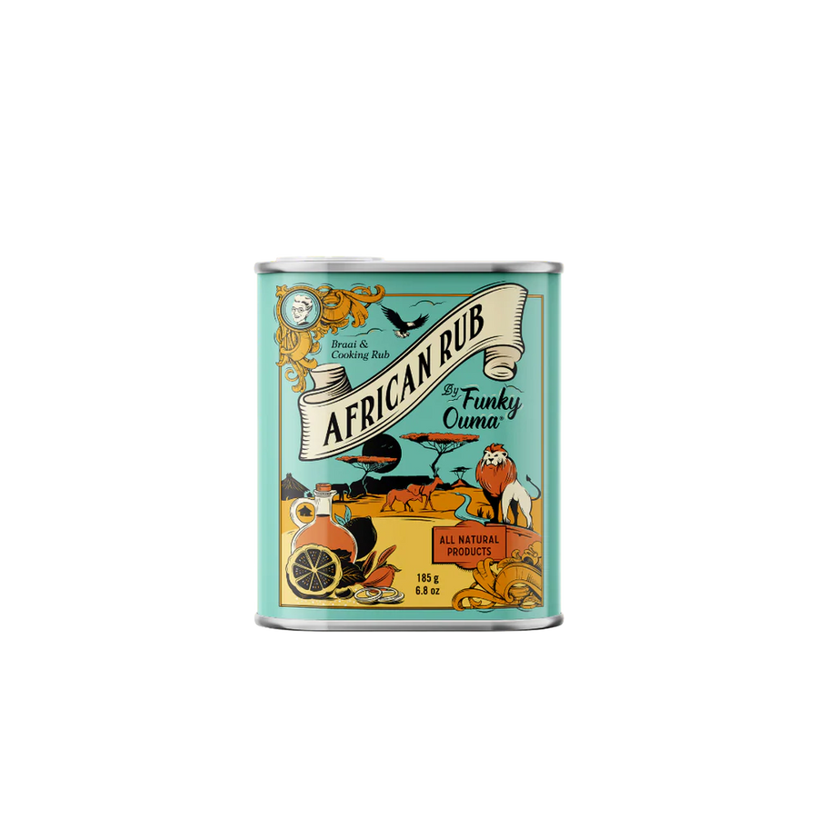 Tin of African Rub with colorful label on a white background