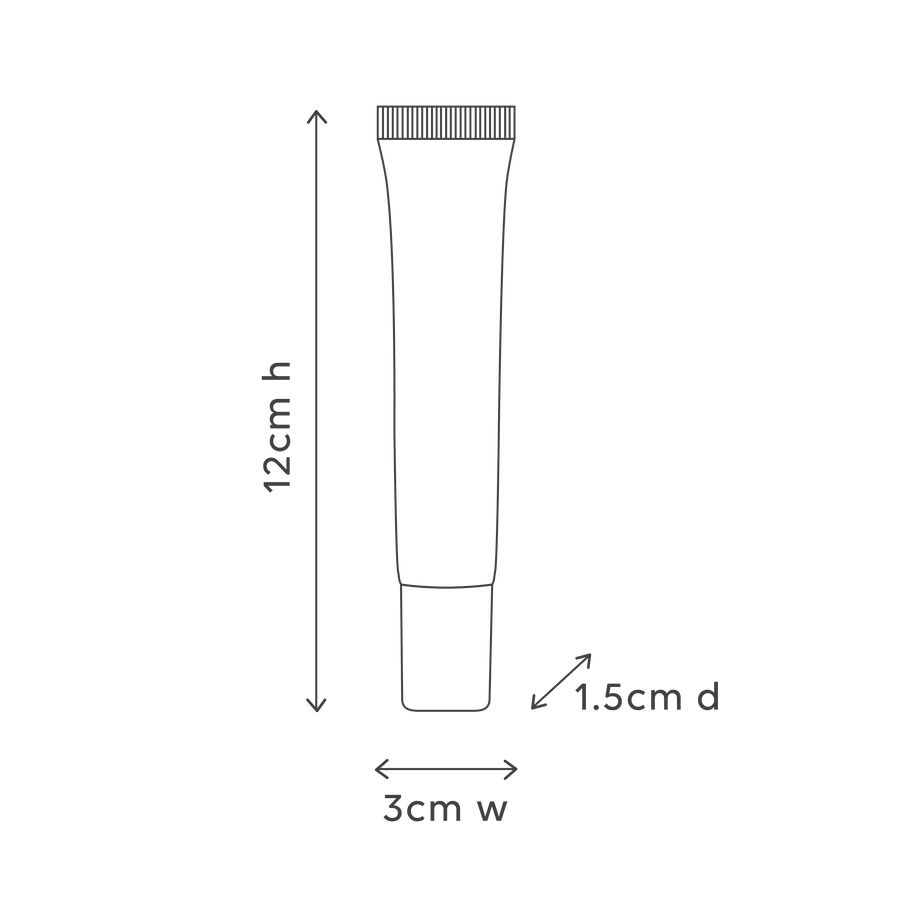Measurement chart of a cosmetic tube with dimensions labeled.
