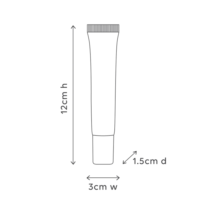 Measurement chart of a cosmetic tube with dimensions labeled.