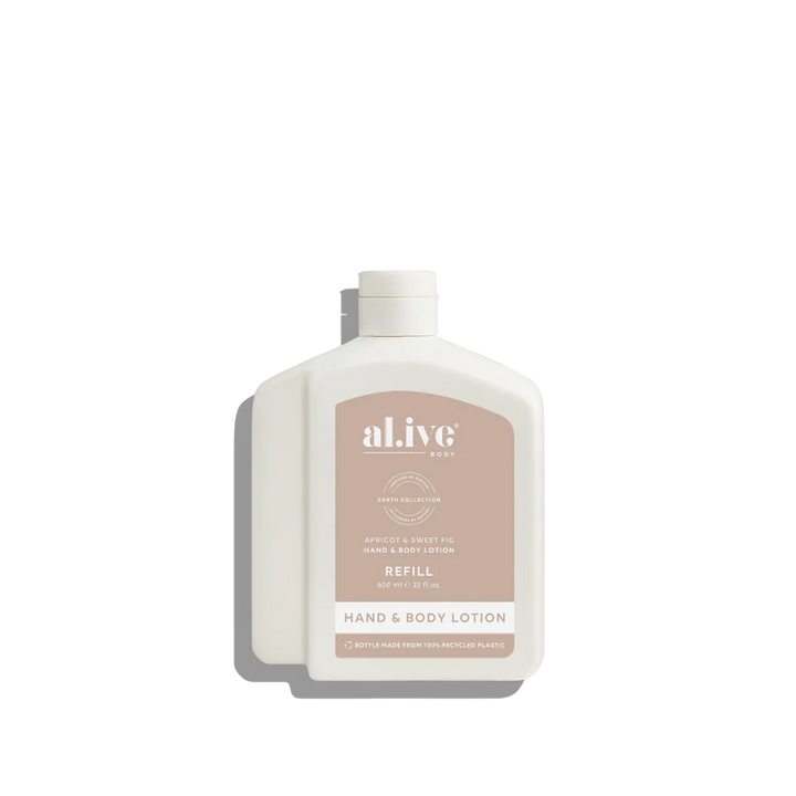 Hand and body lotion refill bottle with 'al.ive' branding on a white background