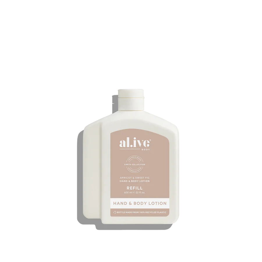 Hand and body lotion refill bottle with 'al.ive' branding on a white background
