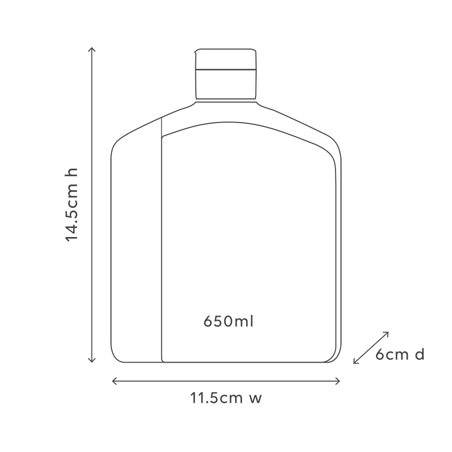 Line drawing of a bottle with dimensions labeled